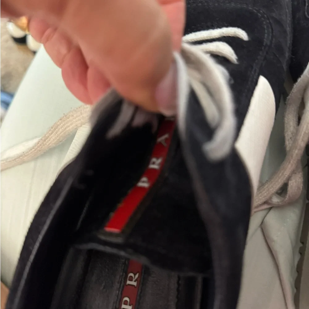 Prada Black White Suede Sneakers with Red Accents - Picture 6 of 9